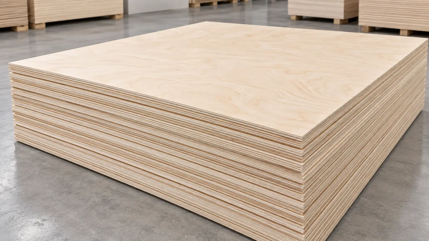 Neatly stacked sheets of clean, high-grade plywood