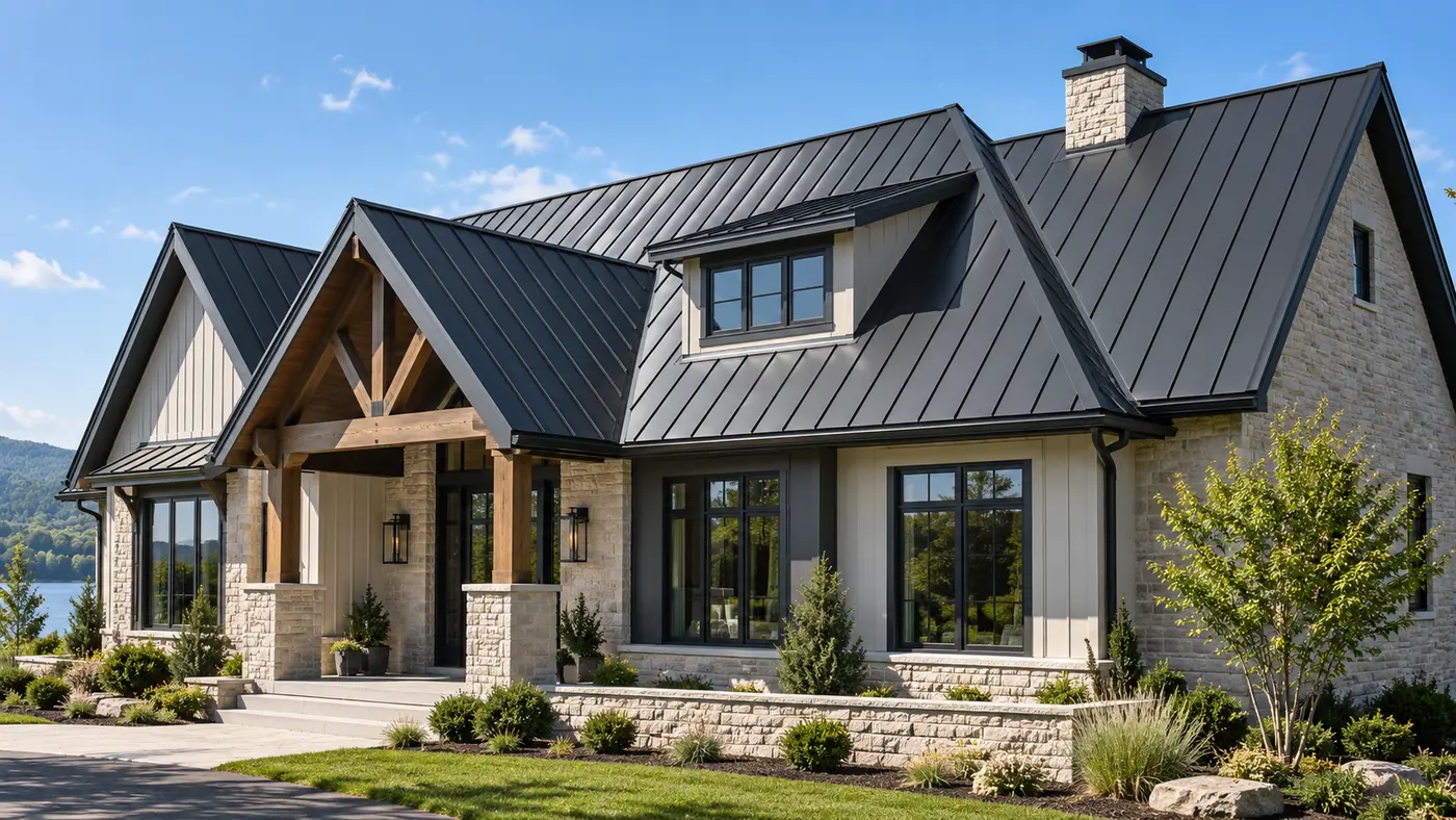 Upscale home with a crisp charcoal standing-seam metal roof
