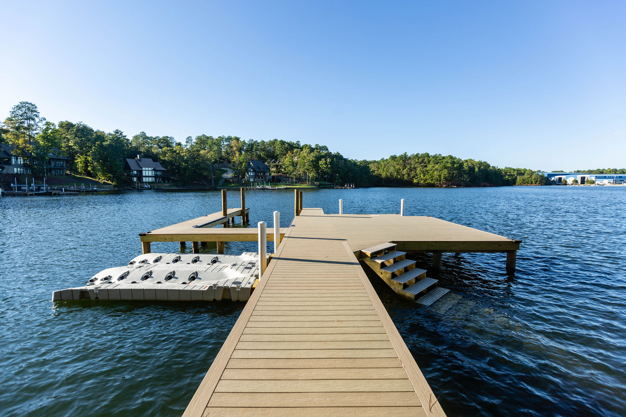 A lakeside dock built with durable outdoor materials