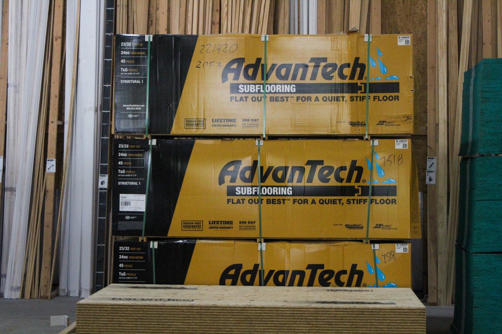 Stacks of AdvanTech subfloor panels at Best Builders Supply
